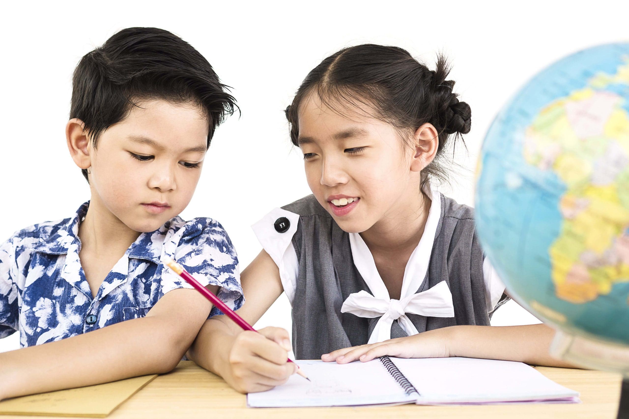 Asian kids are studying the globe over white background